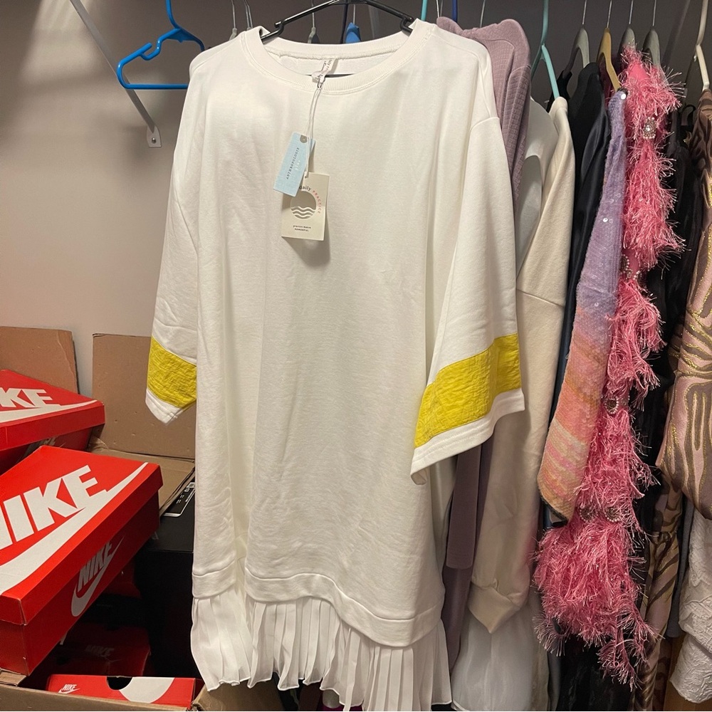 Anthropologie White Mini Dress with Yellow Sleeve Accents